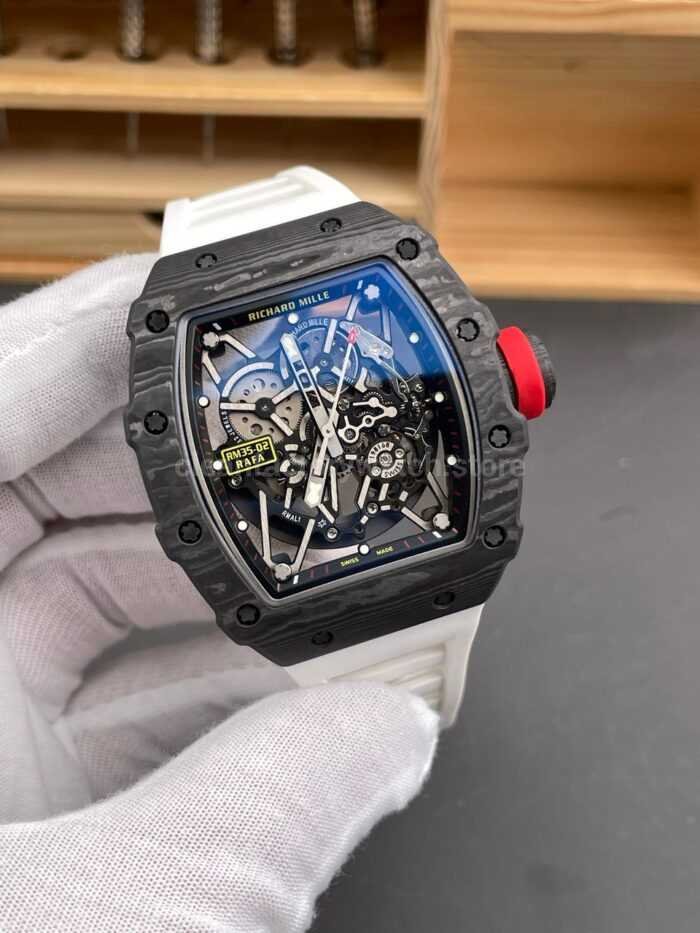 New Factory Richard Mille RM 35-02 44.5mm Black Carbon Fiber White Rubber Strap Black Skeletonized Dial - Image 2
