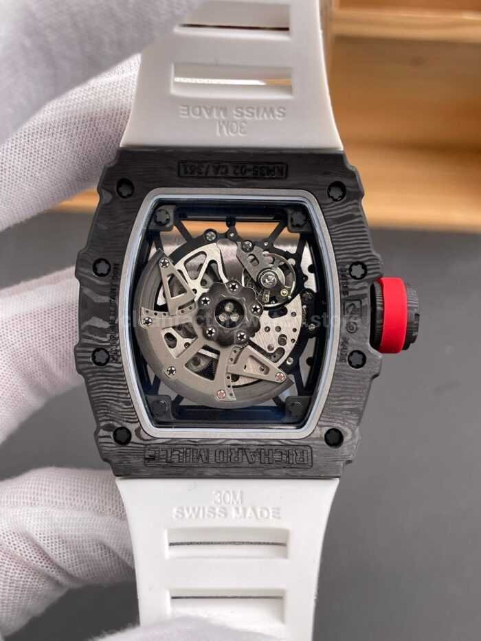 New Factory Richard Mille RM 35-02 44.5mm Black Carbon Fiber White Rubber Strap Black Skeletonized Dial - Image 6