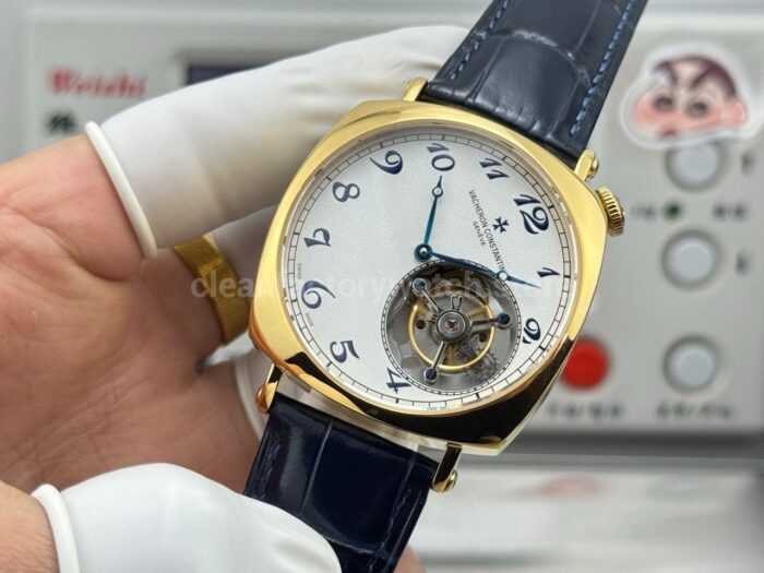RMS Factory Vacheron Constantin Historiques American 1921 Tourbillon Yellow Gold Blue Leather Strap White Dial - Image 4