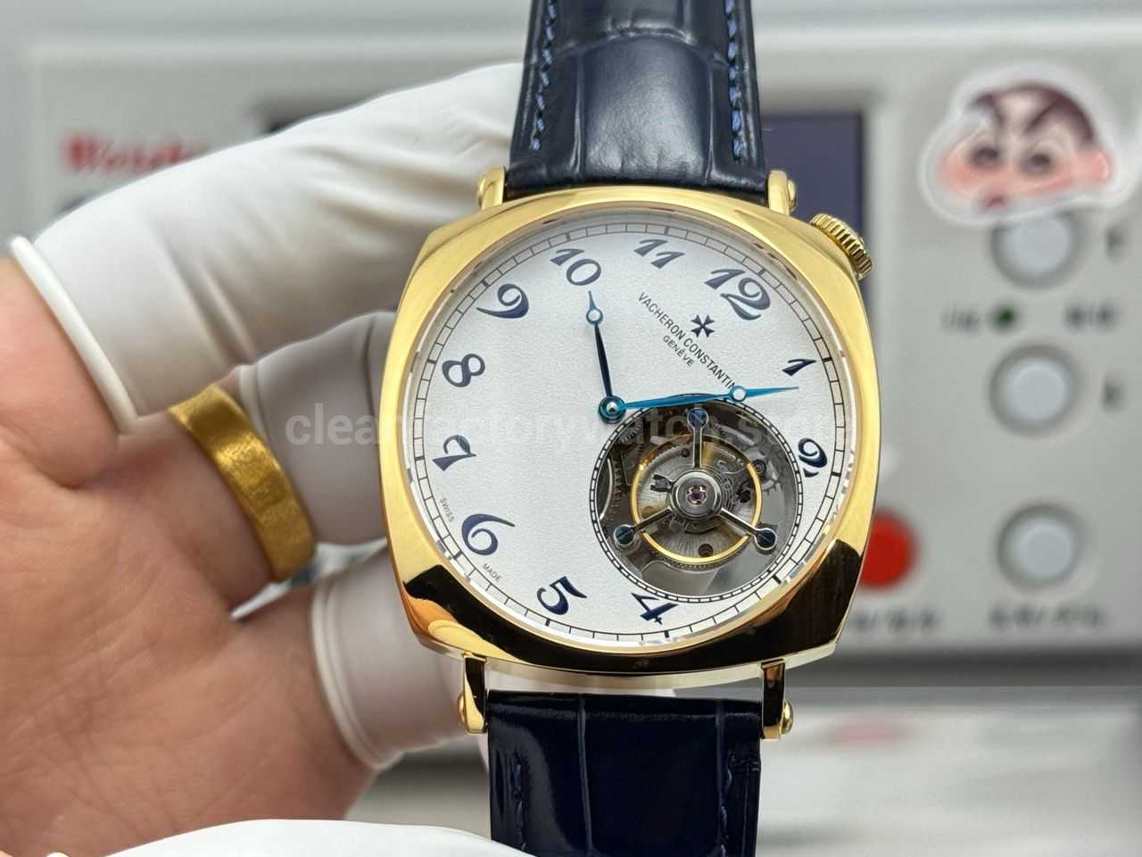 RMS Factory Vacheron Constantin Historiques American 1921 Tourbillon Yellow Gold Blue Leather Strap White Dial
