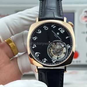 RMS Factory Vacheron Constantin Historiques American 1921 Tourbillon Rose Gold Leather Strap Black Dial