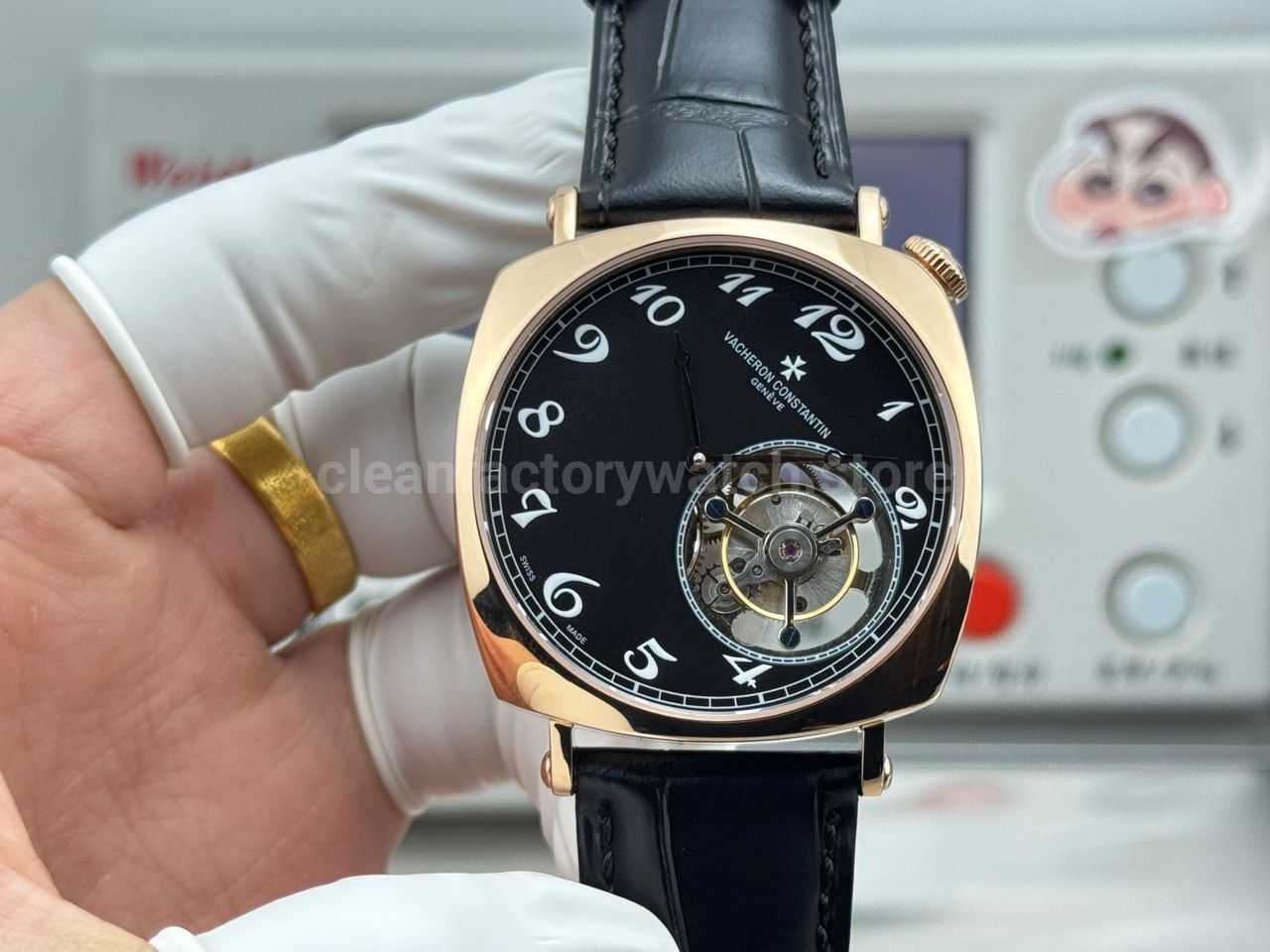 RMS Factory Vacheron Constantin Historiques American 1921 Tourbillon Rose Gold Leather Strap Black Dial