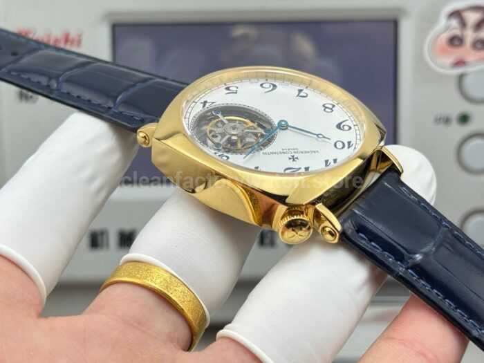 RMS Factory Vacheron Constantin Historiques American 1921 Tourbillon Yellow Gold Blue Leather Strap White Dial - Image 7