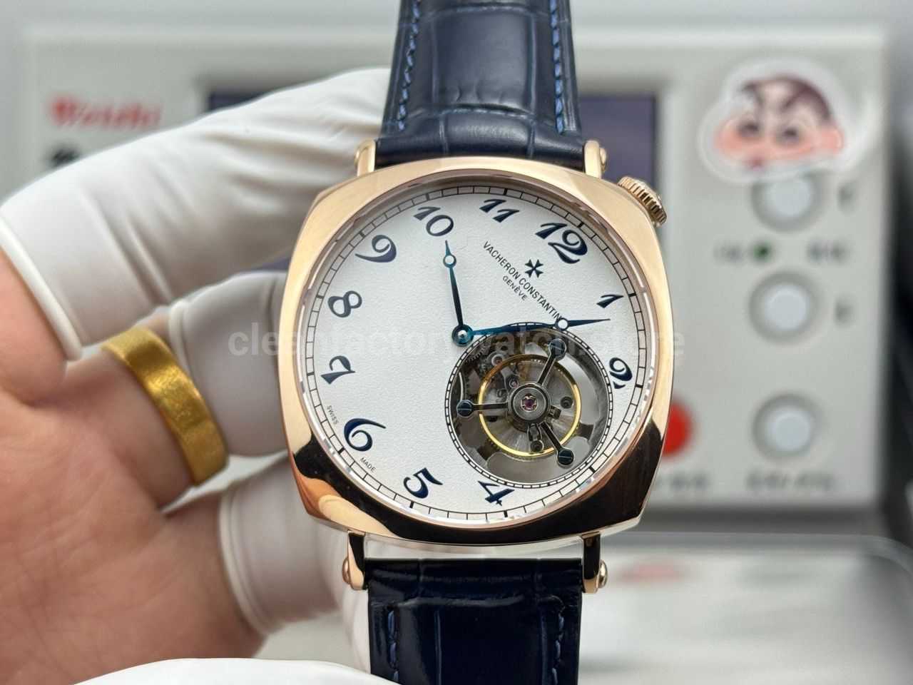 RMS Factory Vacheron Constantin Historiques American 1921 Tourbillon Rose Gold Blue Leather Strap White Dial