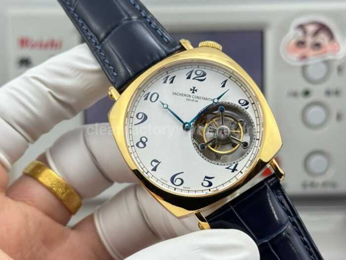 RMS Factory Vacheron Constantin Historiques American 1921 Tourbillon Yellow Gold Blue Leather Strap White Dial - Image 3