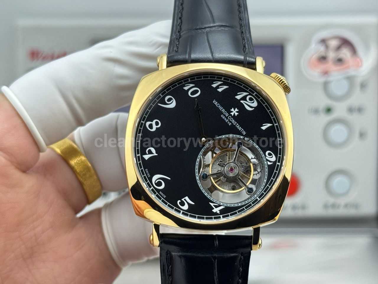 RMS Factory Vacheron Constantin Historiques American 1921 Tourbillon Yellow Gold Leather Strap Black Dial