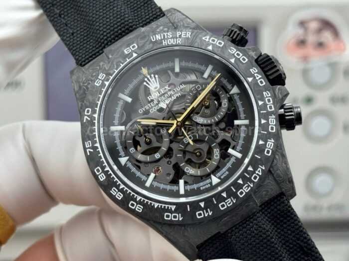 TW Factory Rolex Daytona 116500 40mm Black Carbon Fiber Black Canvas Strap Skeleton Dial - Image 2