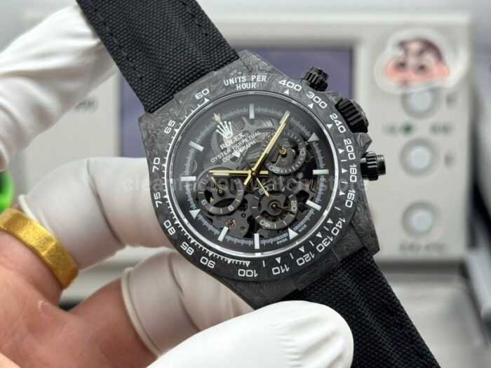 TW Factory Rolex Daytona 116500 40mm Black Carbon Fiber Black Canvas Strap Skeleton Dial - Image 4