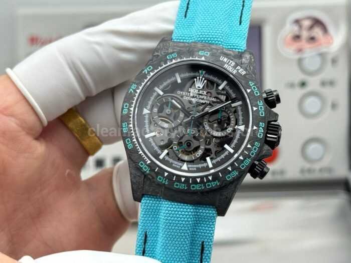 TW Factory Rolex Daytona 116500 40mm Carbon Fiber Light Blue Canvas Strap Skeleton Dial - Image 5