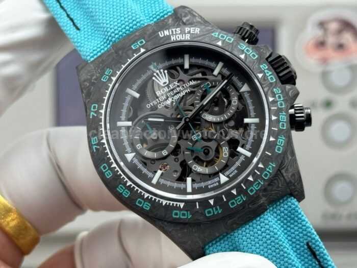 TW Factory Rolex Daytona 116500 40mm Carbon Fiber Light Blue Canvas Strap Skeleton Dial - Image 2