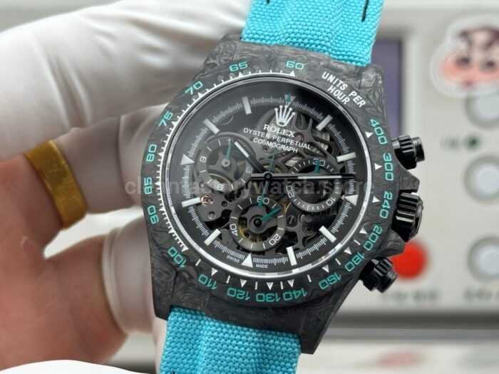 TW Factory Rolex Daytona 116500 40mm Carbon Fiber Light Blue Canvas Strap Skeleton Dial - Image 3