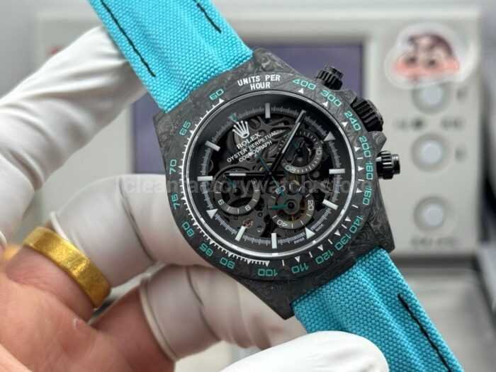 TW Factory Rolex Daytona 116500 40mm Carbon Fiber Light Blue Canvas Strap Skeleton Dial - Image 4