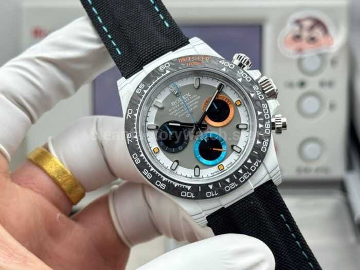 TW Factory Rolex Daytona 116500 40mm White Carbon Fiber Black Canvas Strap Grey Dial - Image 4