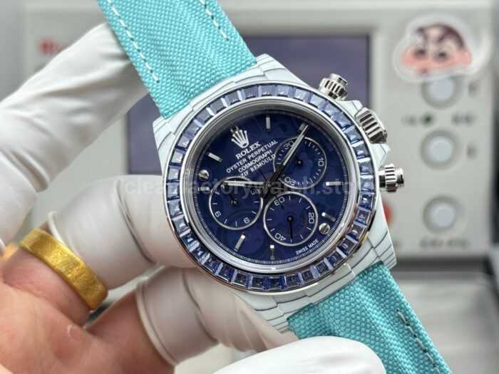 TW Factory Rolex Daytona 116500 40mm White Carbon Fiber Light Blue Canvas Strap Blue Diamond Bezel Blue Dial - Image 4