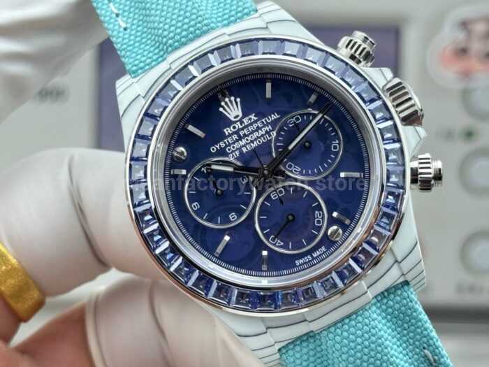 TW Factory Rolex Daytona 116500 40mm White Carbon Fiber Light Blue Canvas Strap Blue Diamond Bezel Blue Dial - Image 2