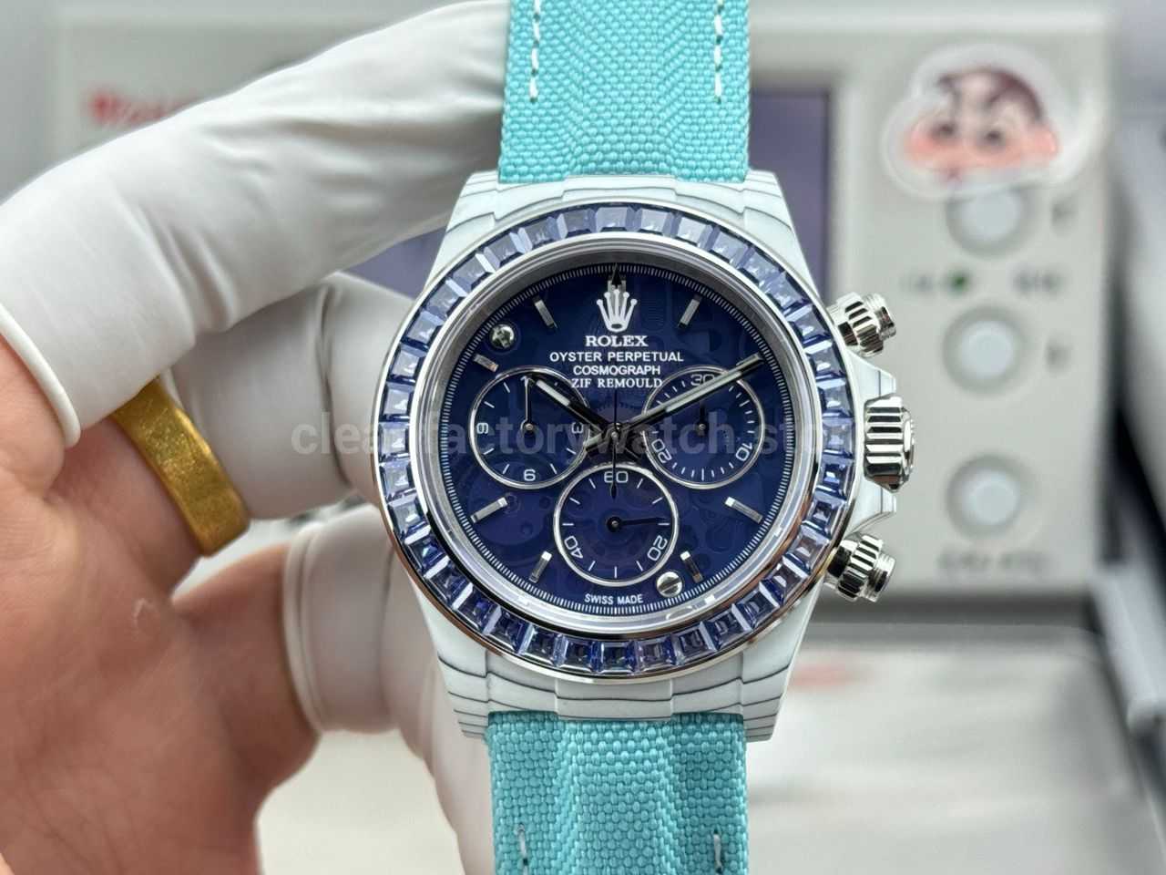 TW Factory Rolex Daytona 116500 40mm White Carbon Fiber Light Blue Canvas Strap Blue Diamond Bezel Blue Dial