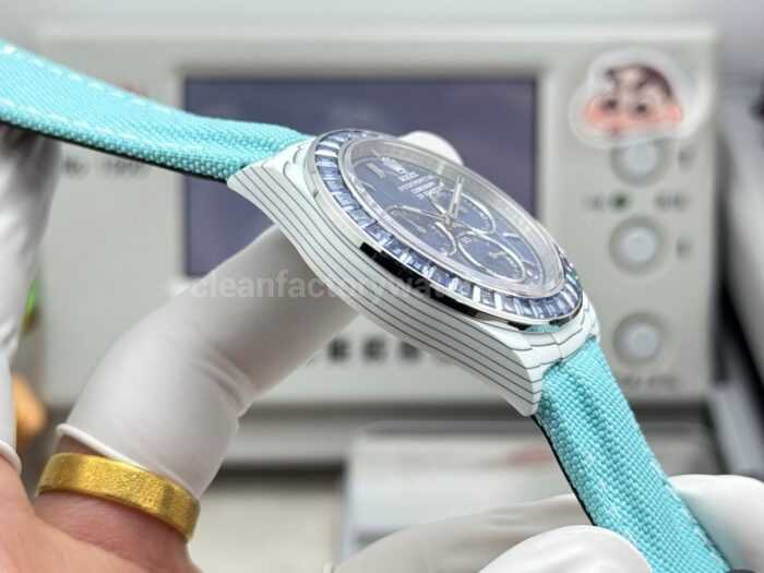 TW Factory Rolex Daytona 116500 40mm White Carbon Fiber Light Blue Canvas Strap Blue Diamond Bezel Blue Dial - Image 6