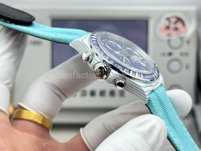TW Factory Rolex Daytona 116500 40mm White Carbon Fiber Light Blue Canvas Strap Blue Diamond Bezel Blue Dial - Image 7