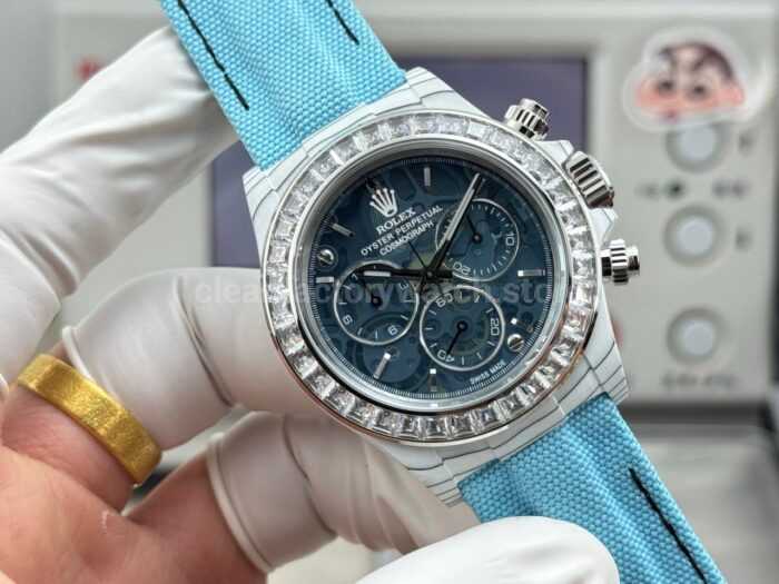 TW Factory Rolex Daytona 116500 40mm White Carbon Fiber Blue Canvas Strap Grey Dial - Image 4