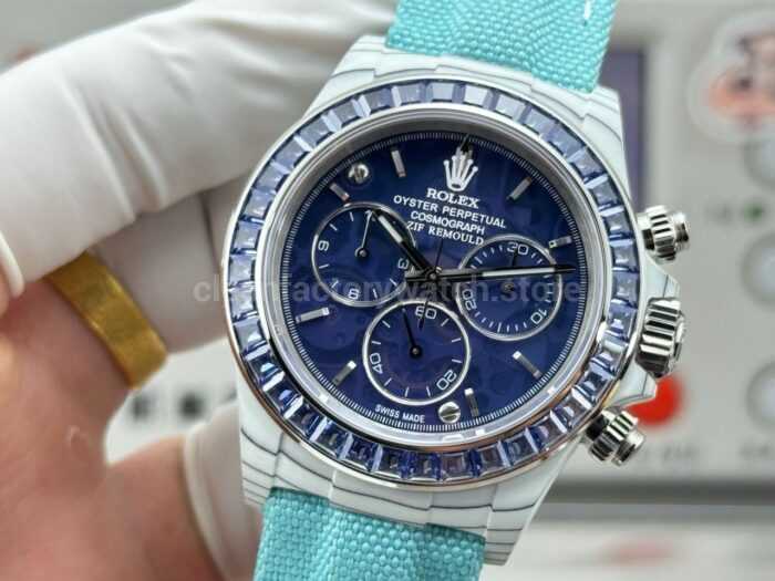 TW Factory Rolex Daytona 116500 40mm White Carbon Fiber Light Blue Canvas Strap Blue Diamond Bezel Blue Dial - Image 3