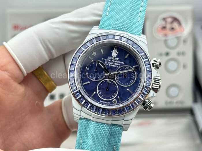 TW Factory Rolex Daytona 116500 40mm White Carbon Fiber Light Blue Canvas Strap Blue Diamond Bezel Blue Dial - Image 5