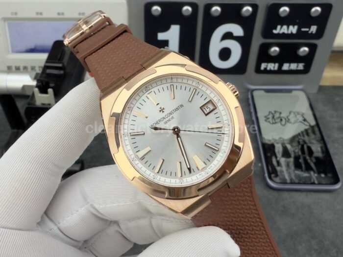 8F Factory Vacheron Constantin Overseas 4500v/000R-B127 41mm Rose Gold Brown Rubber Strap Silver Dial - Image 7