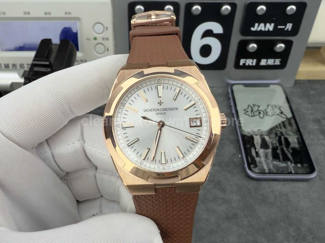 8F Factory Vacheron Constantin Overseas 4500v/000R-B127 41mm Rose Gold Brown Rubber Strap Silver Dial
