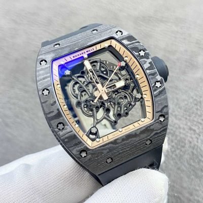 APS Factory Richard Mille RM 055 42.7mm Carbon Fiber Black Rubber Strap Skeletonized Rose Gold Dial 6 Super Clone Watch,Clean Factory Watch