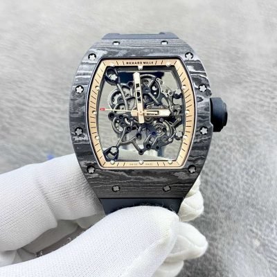 APS Factory Richard Mille RM 055 42.7mm Carbon Fiber Black Rubber Strap Skeletonized Rose Gold Dial 9 Super Clone Watch,Clean Factory Watch