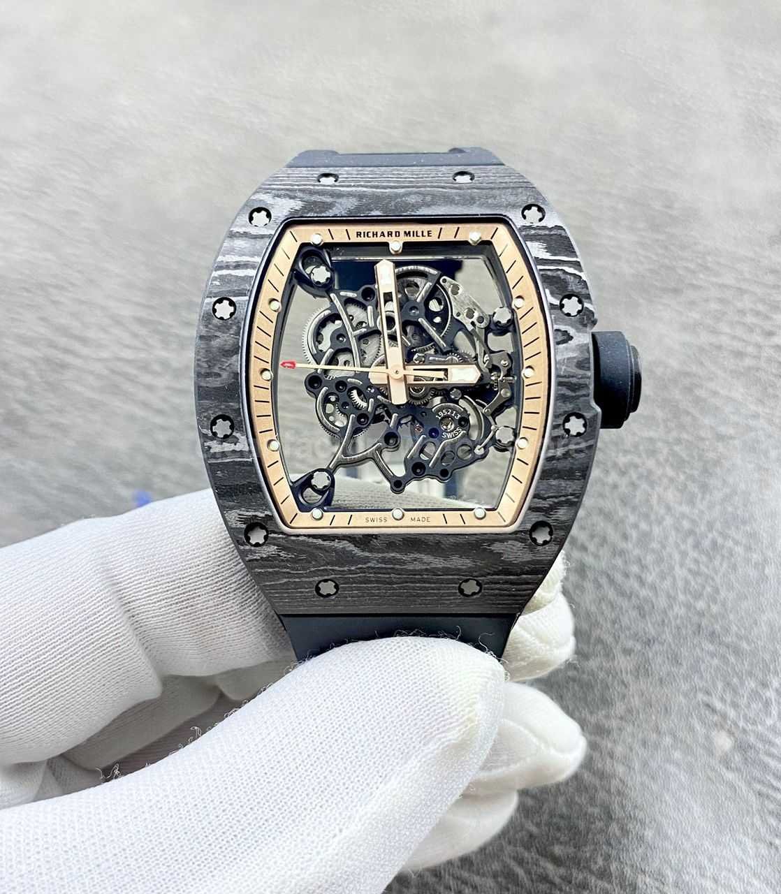 APS Factory Richard Mille RM 055 42.7mm Carbon Fiber Black Rubber Strap Skeletonized Rose Gold Dial