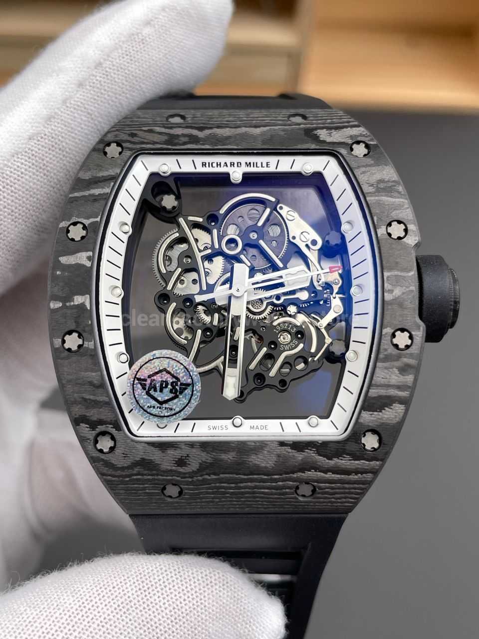 APS Factory Richard Mille RM 055 42.7mm Carbon Fiber Rubber Strap Skeletonized White Dial