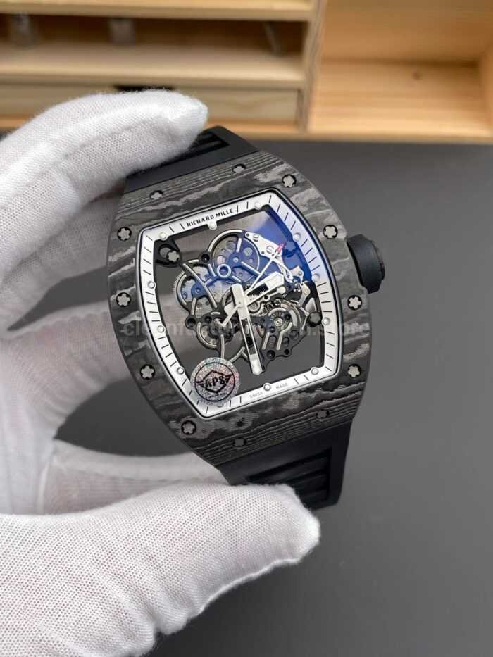 APS Factory Richard Mille RM 055 42.7mm Carbon Fiber Rubber Strap Skeletonized White Dial - Image 3
