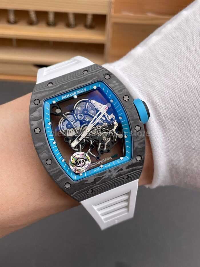 APS Factory Richard Mille RM 055 42.7mm Carbon Fiber White Rubber Strap Skeletonized Blue Dial - Image 4