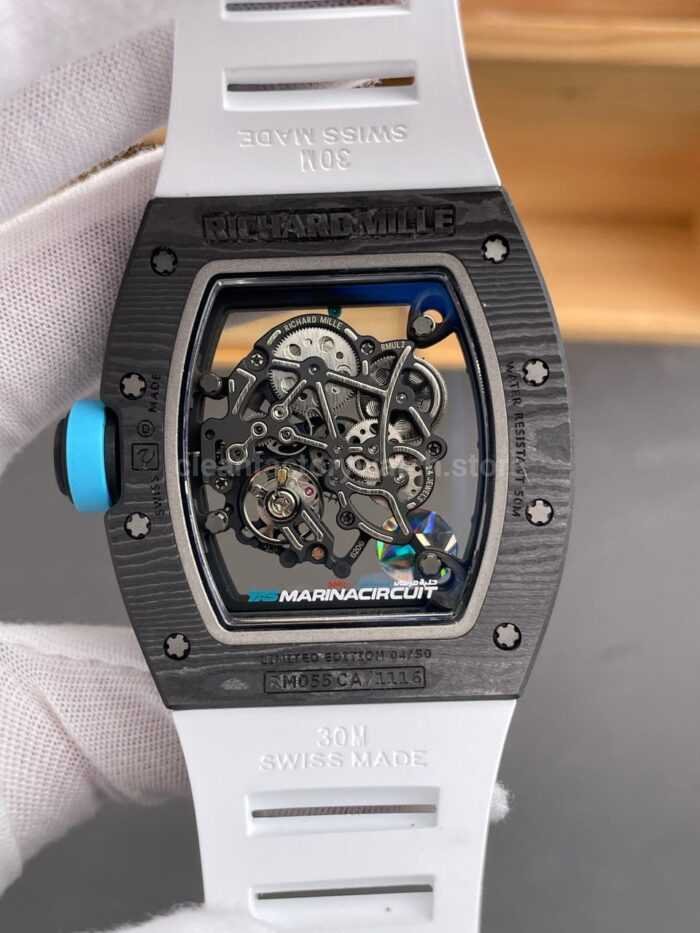 APS Factory Richard Mille RM 055 42.7mm Carbon Fiber White Rubber Strap Skeletonized Blue Dial - Image 7