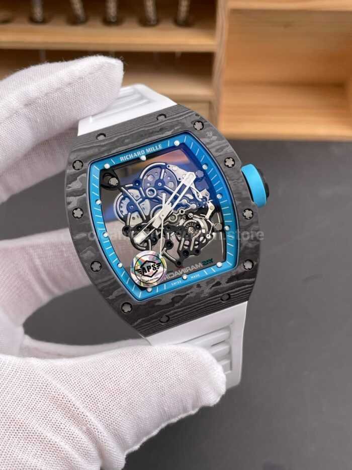 APS Factory Richard Mille RM 055 42.7mm Carbon Fiber White Rubber Strap Skeletonized Blue Dial - Image 3