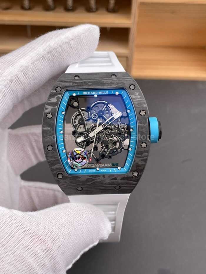 APS Factory Richard Mille RM 055 42.7mm Carbon Fiber White Rubber Strap Skeletonized Blue Dial - Image 2