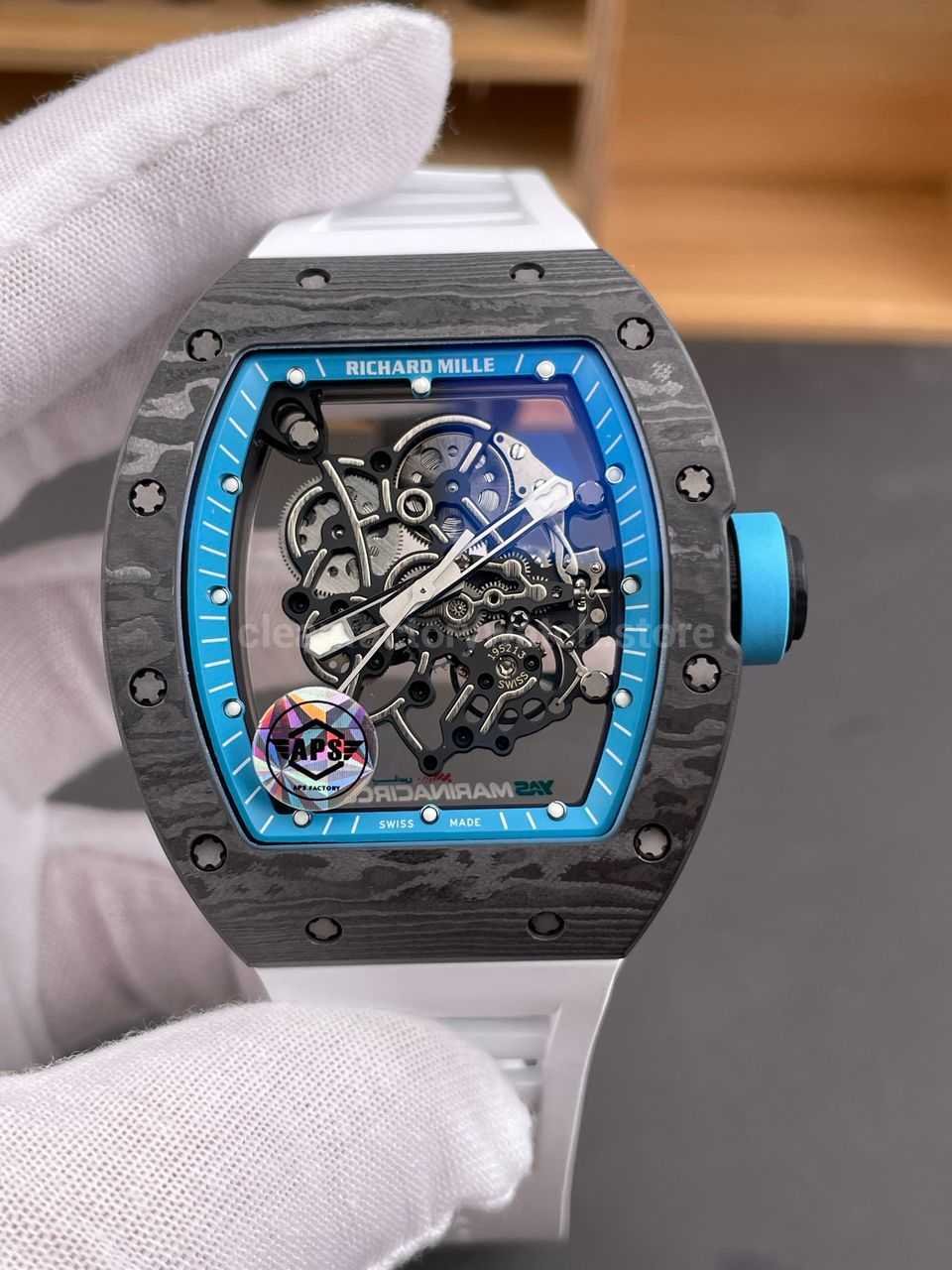 APS Factory Richard Mille RM 055 42.7mm Carbon Fiber White Rubber Strap Skeletonized Blue Dial