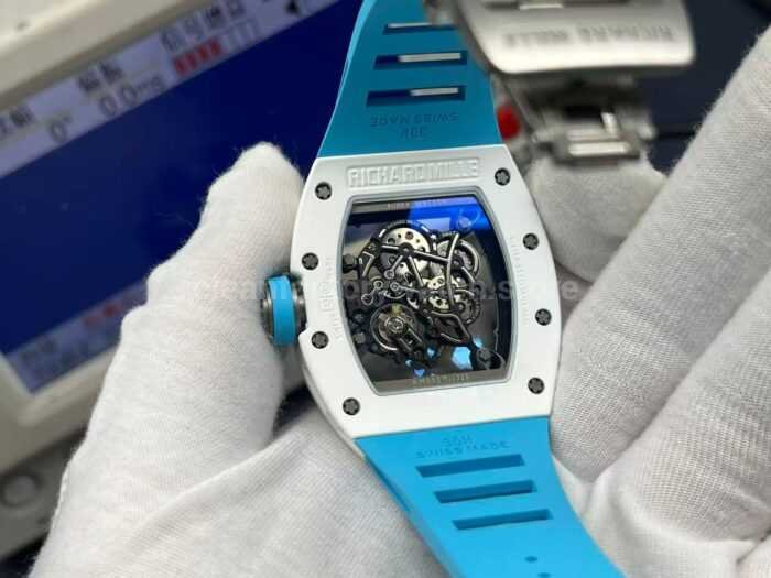 APS Factory Richard Mille RM 055 42.7mm White Ceramic Light Blue Rubber Strap Skeletonized Black Dial - Image 7