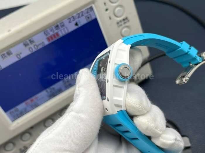 APS Factory Richard Mille RM 055 42.7mm White Ceramic Light Blue Rubber Strap Skeletonized Black Dial - Image 6