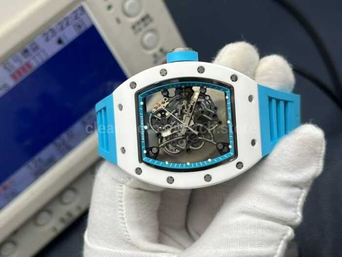APS Factory Richard Mille RM 055 42.7mm White Ceramic Light Blue Rubber Strap Skeletonized Black Dial - Image 4
