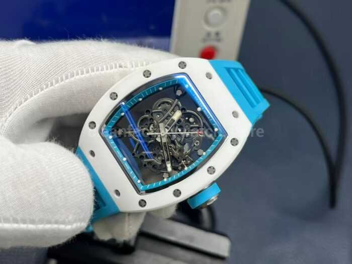 APS Factory Richard Mille RM 055 42.7mm White Ceramic Light Blue Rubber Strap Skeletonized Black Dial - Image 3