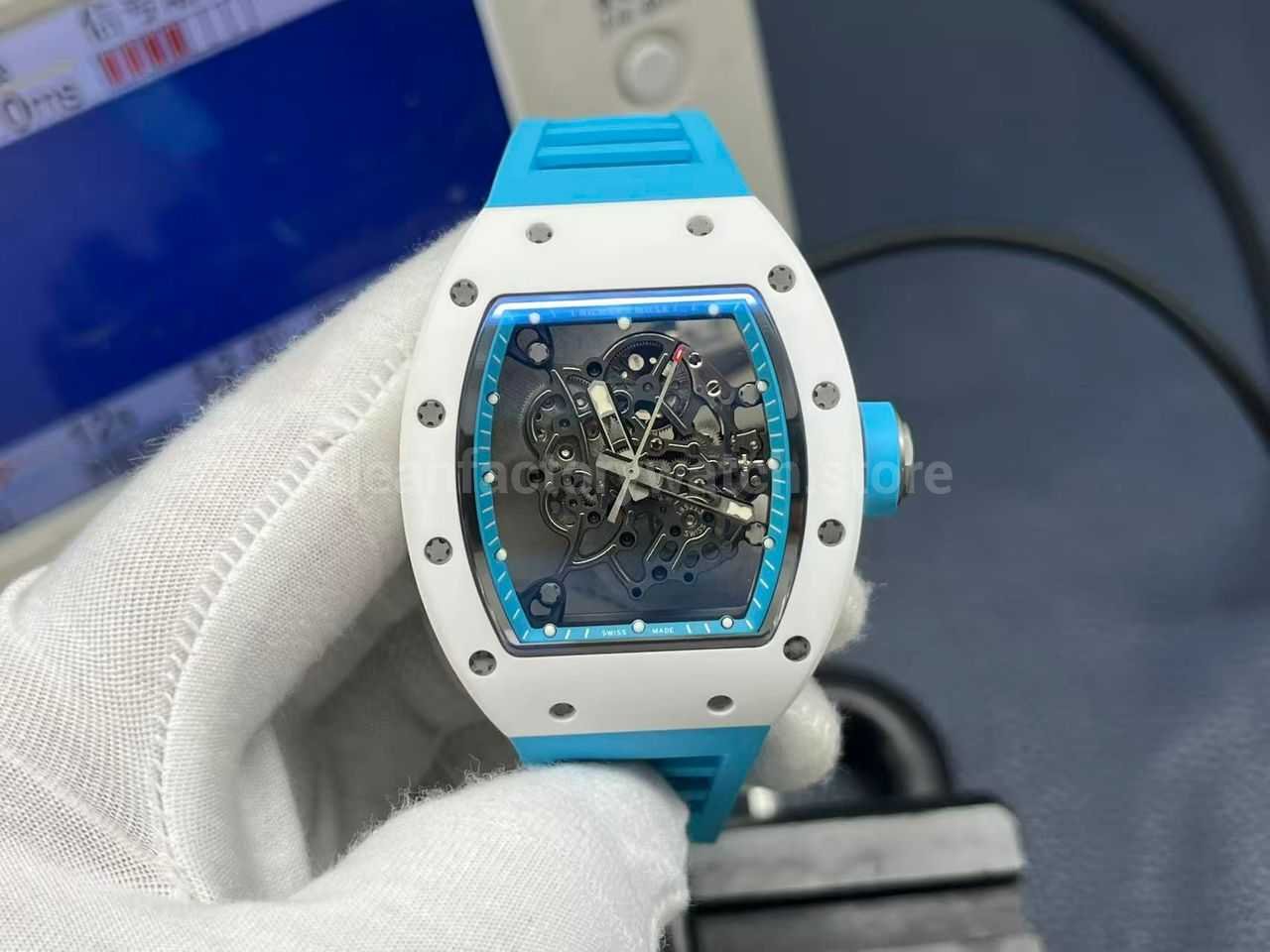 APS Factory Richard Mille RM 055 42.7mm White Ceramic Light Blue Rubber Strap Skeletonized Black Dial (6) APS Factory Richard Mille RM 055 42.7mm White Ceramic Light Blue Rubber Strap Skeletonized Black Dial - Image 1