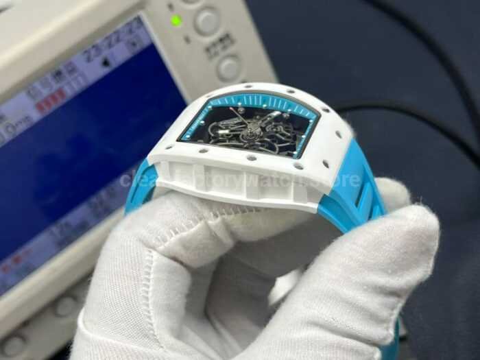APS Factory Richard Mille RM 055 42.7mm White Ceramic Light Blue Rubber Strap Skeletonized Black Dial - Image 5