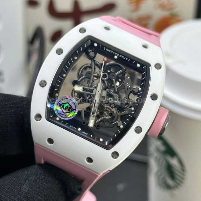 APS Factory Richard Mille RM 055 42.7mm White Ceramic Pink Rubber Strap Skeletonized Black Dial - Image 3