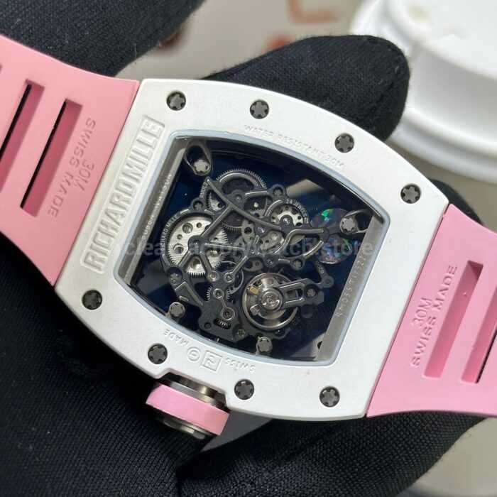 APS Factory Richard Mille RM 055 42.7mm White Ceramic Pink Rubber Strap Skeletonized Black Dial - Image 6