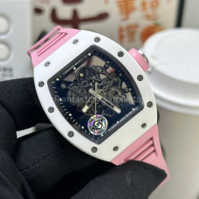 APS Factory Richard Mille RM 055 42.7mm White Ceramic Pink Rubber Strap Skeletonized Black Dial - Image 2