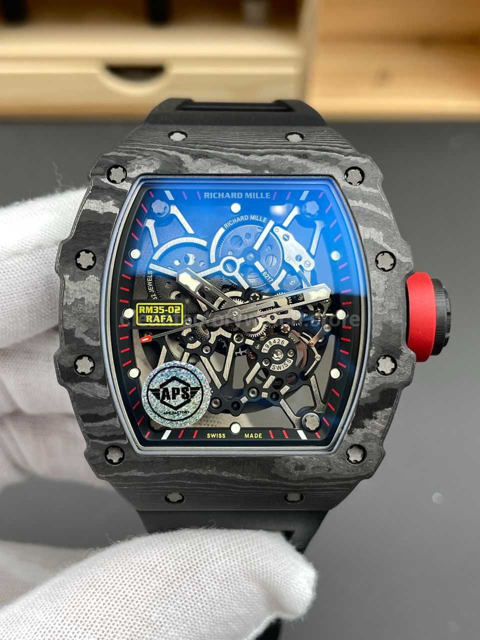 APS Factory Richard Mille RM 35-02 44.5mm Black Carbon Fiber Black Rubber Strap Black Skeletonized Dial