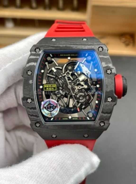 APS Factory Richard Mille RM 35 02 44.5mm Black Carbon Fiber Red Rubber Strap Black Skeletonized Dial (4) APS Factory Richard Mille RM 35-02 44.5mm Black Carbon Fiber Red Rubber Strap Black Skeletonized Dial - Image 1