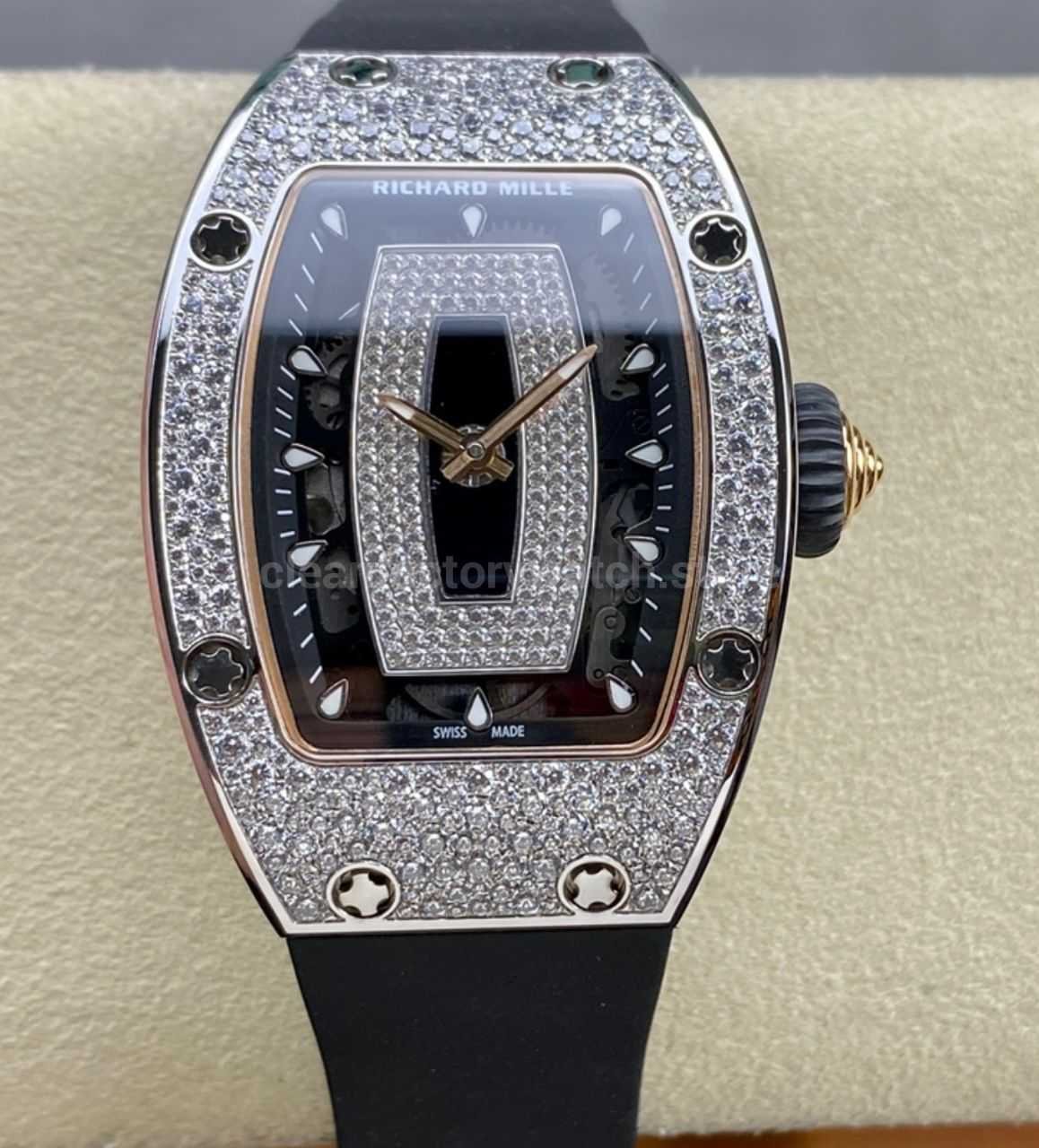 BBA Factory Richard Mille RM 07 31.4mm Diamond Bezel Black Rubber Strap Skeletonized Black Dial (8) BBA Factory Richard Mille RM 07 31.4mm Diamond Bezel Black Rubber Strap Skeletonized Black Dial - Image 1