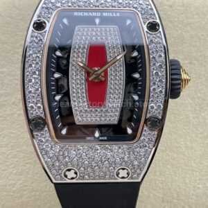 BBA Factory Richard Mille RM 07 31.4mm Diamond Bezel Black Rubber Strap Skeletonized Red Dial